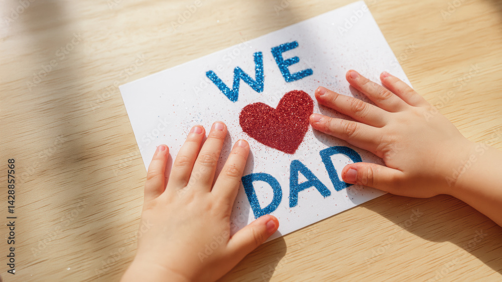 child hands gently touch card that expresses love for father, symbolizing family life and shared goals in heartfelt concept child hands gently touch card that expresses love for father, symbolizing family life and shared goals in heartfelt concept
