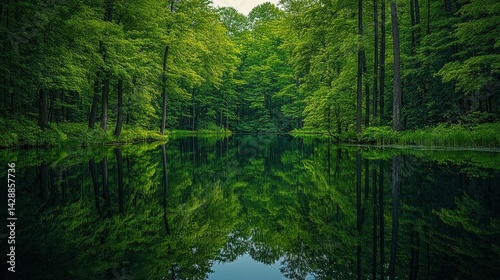 Lush Green Trees Mirrored in a Calm Water Surface, Creating a Peaceful and Serene Nature-Inspired Scene 