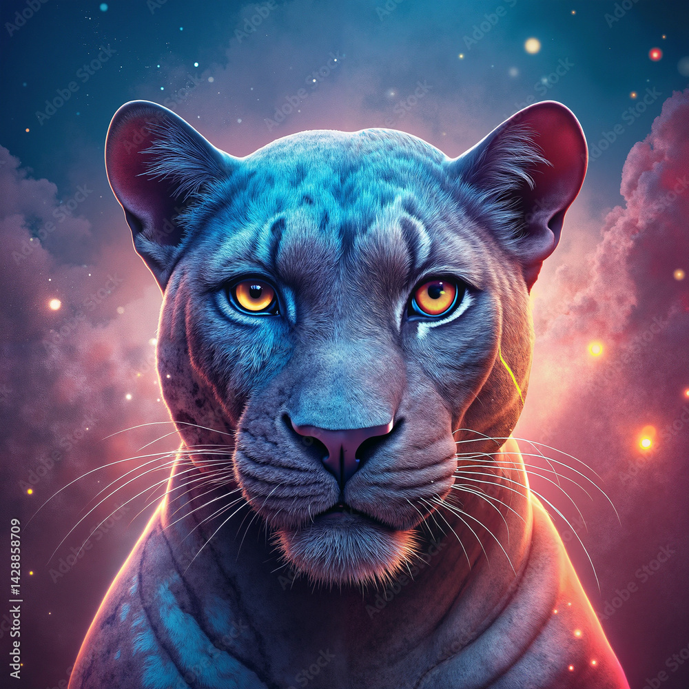 Majestic blue panther gazing intensely against a cosmic background