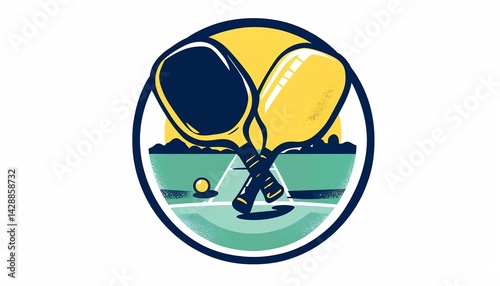 Pickelball Emblem: A vibrant emblem featuring crossed paddles and a ball against a backdrop, a simple and eye-catching, the essence of the game. 
