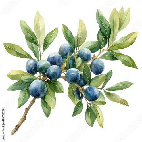 Blackthorn Berries Watercolor Illustration: A delicate watercolor illustration showcasing a branch of blackthorn berries, adorned with vibrant green leaves, captured in intricate detail.