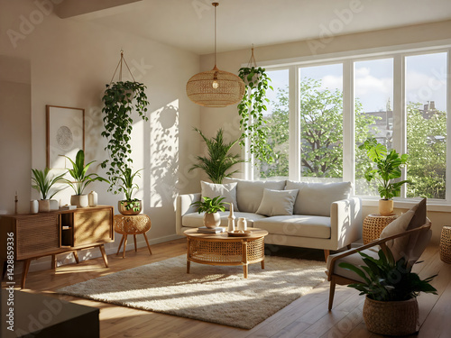 Bright, creating an inviting modern sanctuary, cozy living room with natural light, lush plants, and soft textures. Home decor