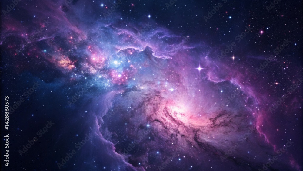 Obraz premium Bright nebula in space glowing in shades of purple blue and pink Vibrant cosmic scene with stars and colorful nebulae in deep space.