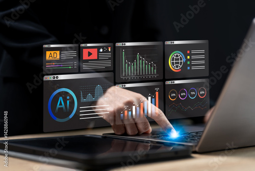 Data analytics automated with AI technology, Financial growth forecasts concept, Businesswomen  Analytics business Reports, Digital marketing, KPI, Sales, Profit, business trends dashboard with charts