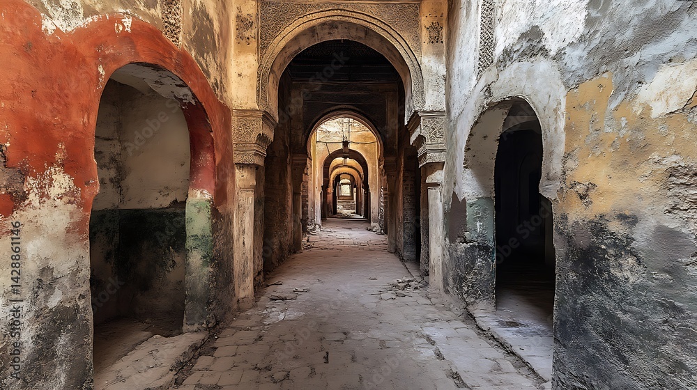 Naklejka premium Long Shot Interior View of Marrakesh Medina Arches with Textured Walls