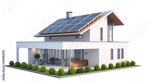 Modern house with solar panels on the roof and green landscaping around isolated on transparent background	