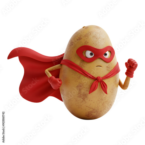 Red-caped superhero potato character in mid-action pose with fists raised