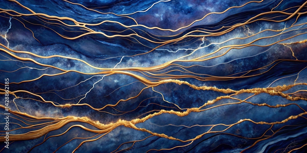 Obraz premium Abstract Deep Blue and Gold Swirling Marble Texture with Elegant Golden Veins