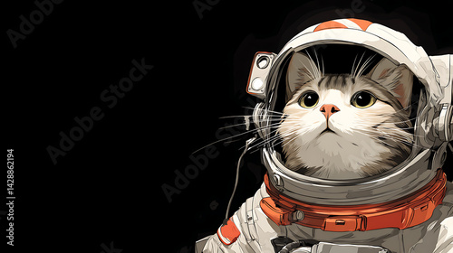 Cat in astronaut suit gazing upwards, with a dark cosmic background highlighting its features photo