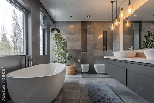 Modern bathroom with gray walls, a white bathtub and toilet in the middle of the room, a large mirror on the wall, gray floor tiles, lights hanging from the ceiling, and a neutral color scheme.