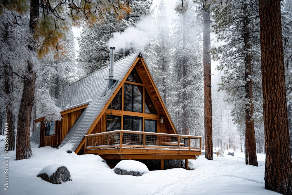 Cozy Cabin in Snowy Forest Surrounded by Tall Pine Trees