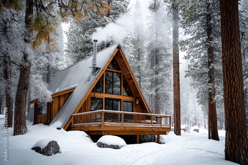 Obraz na płótnie Cozy Cabin in Snowy Forest Surrounded by Tall Pine Trees w salonie