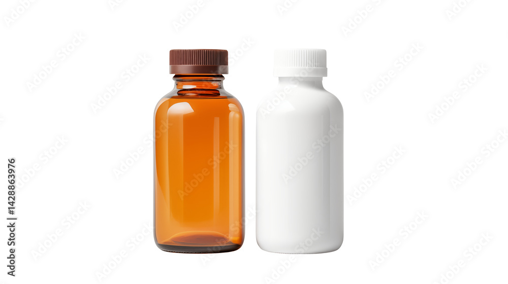 Two bottles one amber and one white with caps isolated on transparent background Two bottles one amber and one white with caps isolated on transparent background