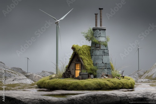 Obraz na płótnie Cozy Eco-Friendly Cottage Surrounded by Nature and Wind Turbines w salonie