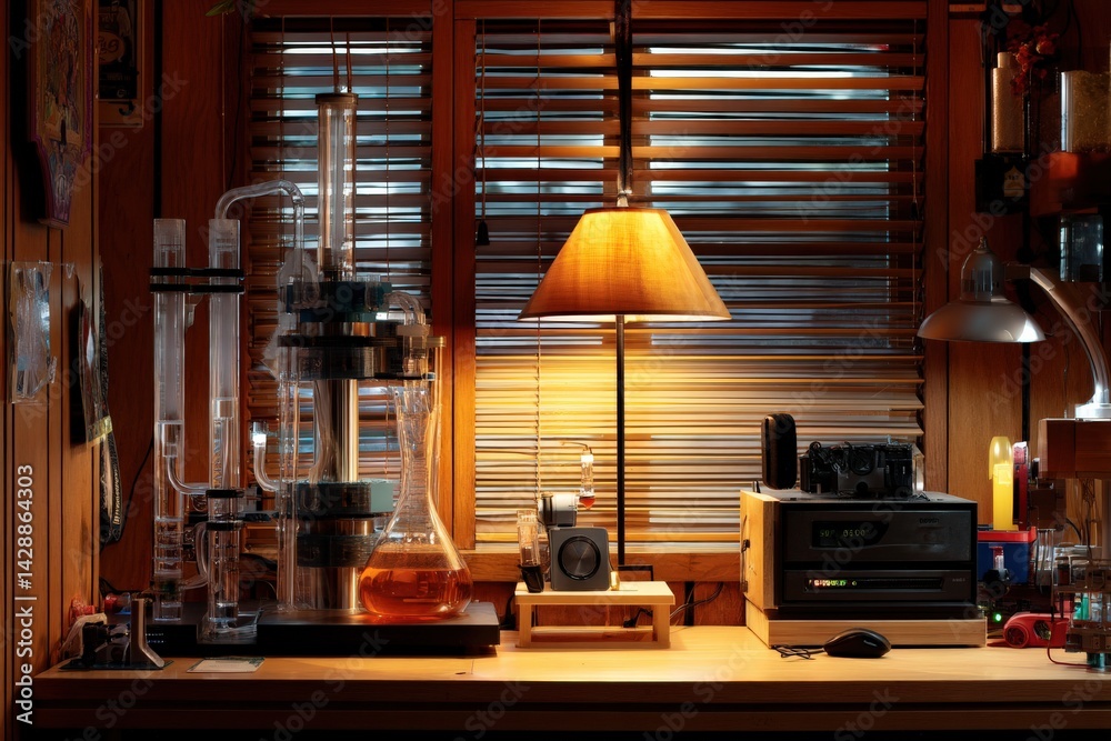 Cozy laboratory workspace with innovative glass equipment and lighting