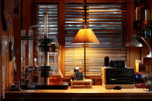 Cozy laboratory workspace with innovative glass equipment and lighting