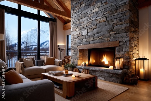 Obraz na płótnie Cozy living room with stone fireplace and mountain view in winter w salonie