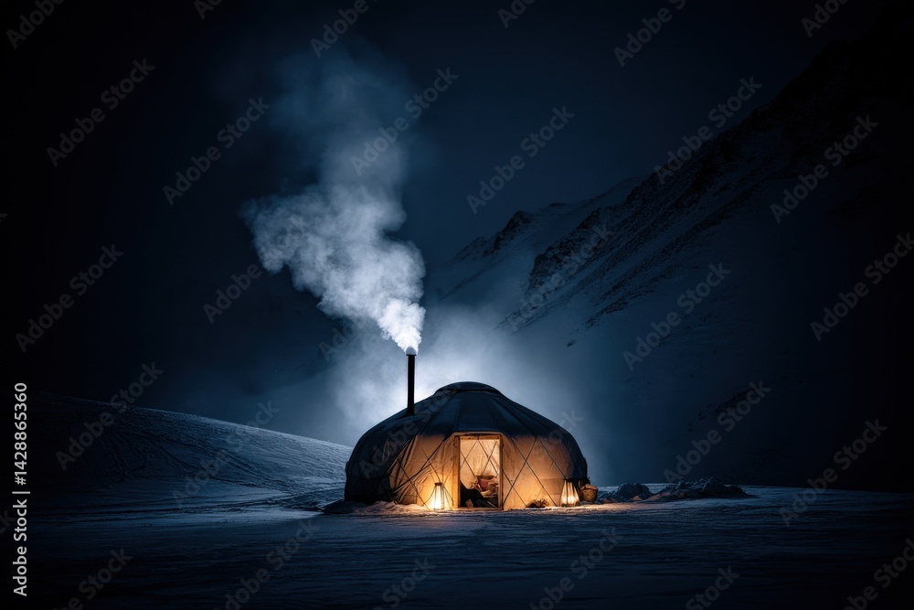 Cozy winter cabin in mountains with smoke rising at night