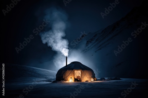 Cozy winter cabin in mountains with smoke rising at night
