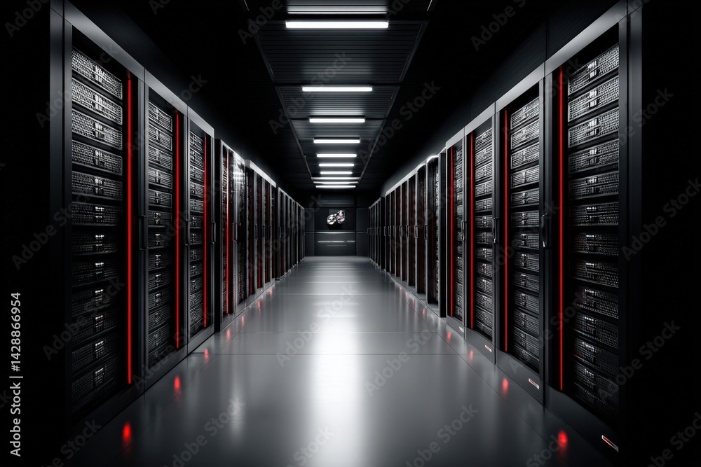 Dark Server Room with Rows of Black Racks and Red Lighting