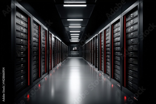 Obraz na płótnie Dark Server Room with Rows of Black Racks and Red Lighting w salonie