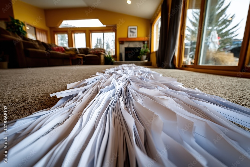 Disorganized Papers Spread Across Living Room Floor in Daylight
