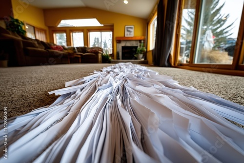 Obraz na płótnie Disorganized Papers Spread Across Living Room Floor in Daylight w salonie