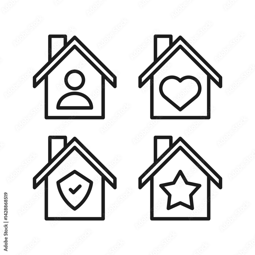 Obraz premium Set of home icons combined with symbols of a person, security, heart, and star. Perfect for real estate, property management, smart home apps, insurance, or lifestyle projects.
