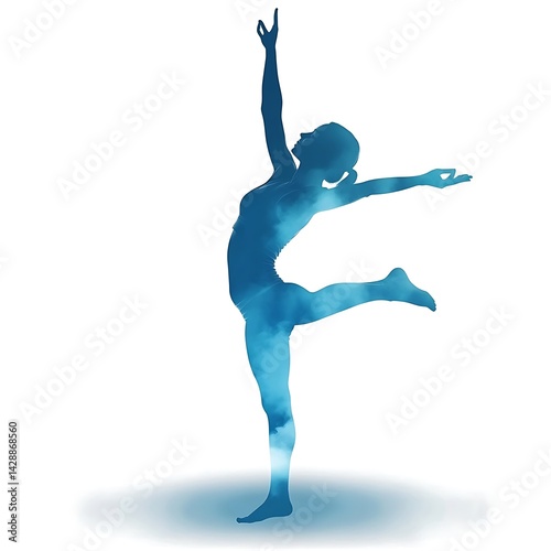 Silhouette of a woman in a dynamic yoga pose, rendered in shades of blue with a watercolor like effect. The figure is set against a white background with a subtle drop shadow