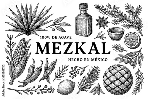 Discovering the rich essence of mezkal crafted from agave, featuring vibrant Mexican ingredients and traditional elements