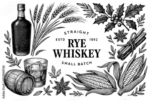 Crafting artisanal rye whiskey with rich grains, spices, and nature's essence in a rustic workshop setting