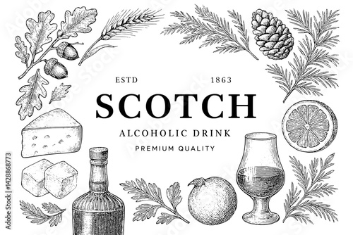 Discover the art of scotch with premium quality beverages and natural elegance in a curated illustration showcasing its heritage