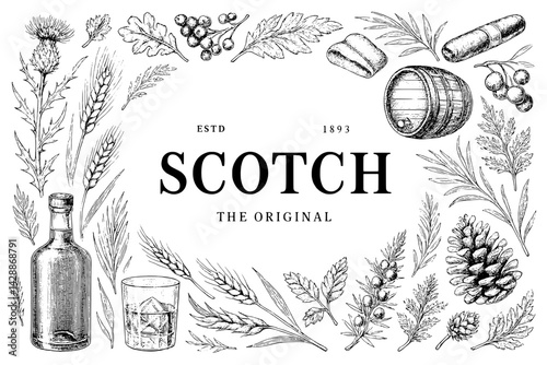 Vintage illustration of scotch whiskey elements with natural motifs, celebrating tradition and craftsmanship since 1893