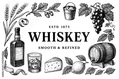 Elegant whiskey label featuring vintage illustrations and a timeless craft aesthetic with grapes and grains