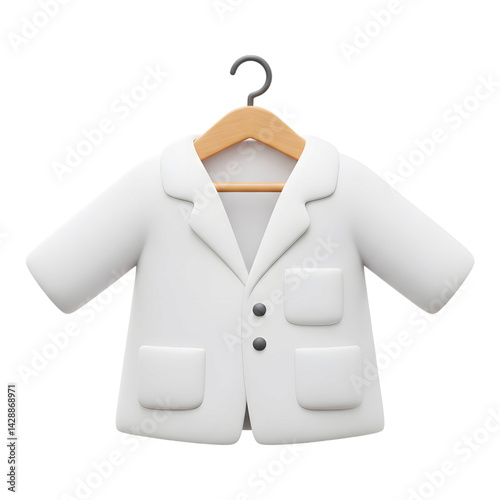 Child-Sized White Coat on Wooden Hanger with Blue Undershirt