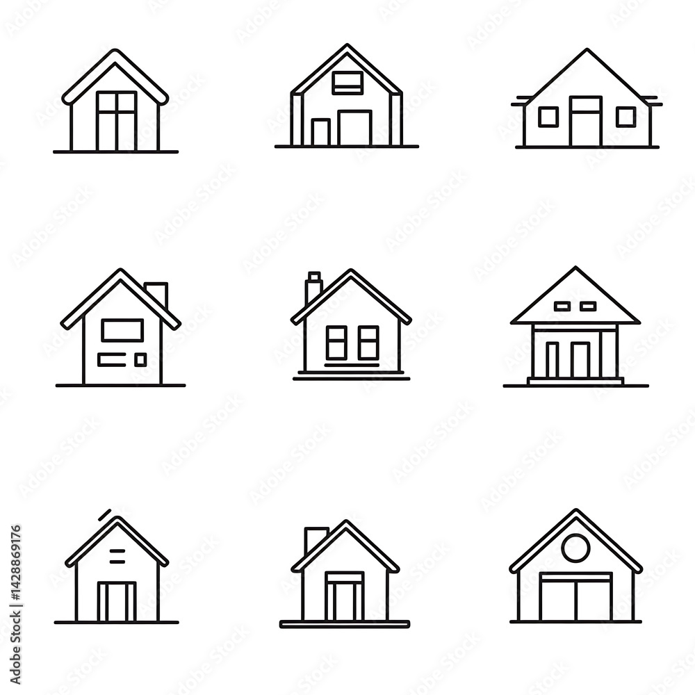 Minimalistic vector icon set of houses, web monoline icon style, one-line design, white background, black and gray thin lines. Minimalistic vector icon set of houses, web monoline icon style, one-line design, white background, black and gray thin lines.