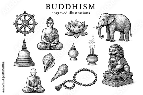 Intricate representations of buddhist themes featuring sacred symbols and figures in an artistic arrangement
