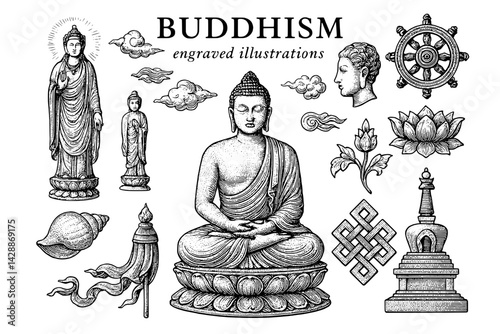 Engraved depictions of Buddhism showcasing symbols and figures that represent peace, spirituality, and enlightenment in a harmonious composition