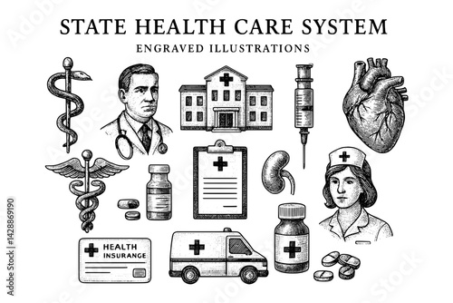 Engraved illustrations depicting the key elements of a state health care system in a vintage style