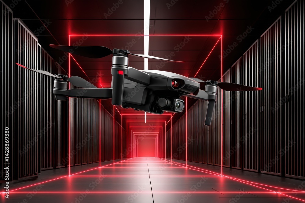 Drone Flying Through Futuristic Red-Lit Corridor with Neon Lighting