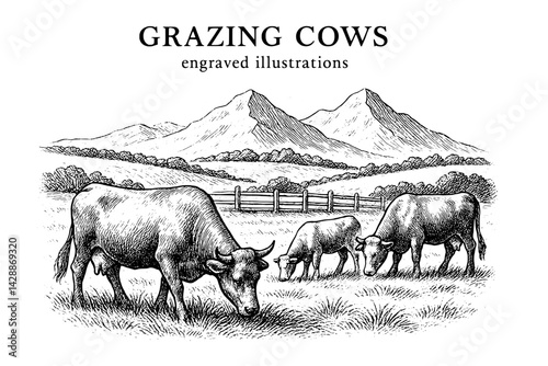 Grazing cows in a serene landscape with rolling mountains and a rustic fence under a bright sky