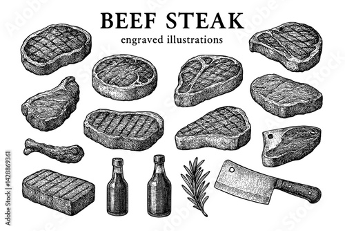 Intricate engravings of various beef steak cuts and kitchen tools showcased in a culinary art piece