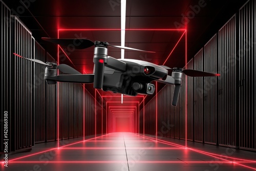 Obraz na płótnie Drone Flying Through Futuristic Red-Lit Corridor with Neon Lighting w salonie