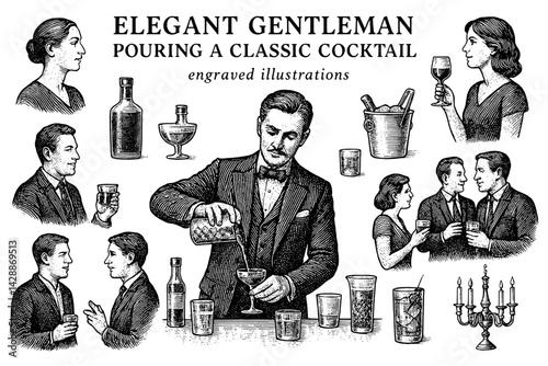 Elegant gentleman creating timeless cocktails at a classic gathering with sophisticated guests and vintage charm