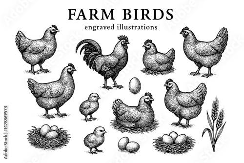 Engraved collection of farm birds and their nests showcasing the diversity of poultry life in rustic settings
