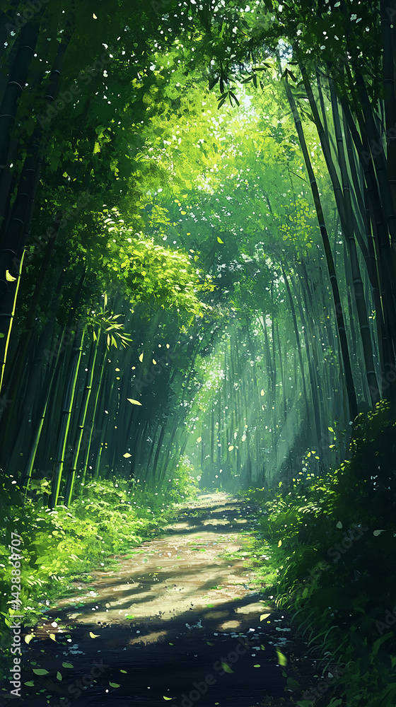 Obraz premium Bamboo Forest Path with Light Wind Shaking Stalks