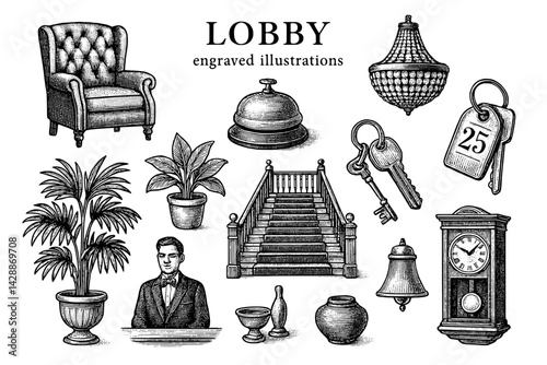 Engraved illustrations of a lobby showcasing vintage decor and a welcoming atmosphere with elegant furnishings and decor elements