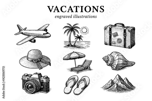 Engraved illustrations depicting varied elements of vacation experiences that capture the essence of travel in a creative style