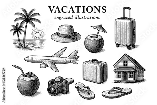 Exploring the joys of vacations through vintage engravings showcasing travel essentials and tropical symbols