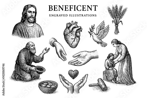 Engraved illustrations embodying themes of compassion, generosity, and humanity through meaningful actions and symbols